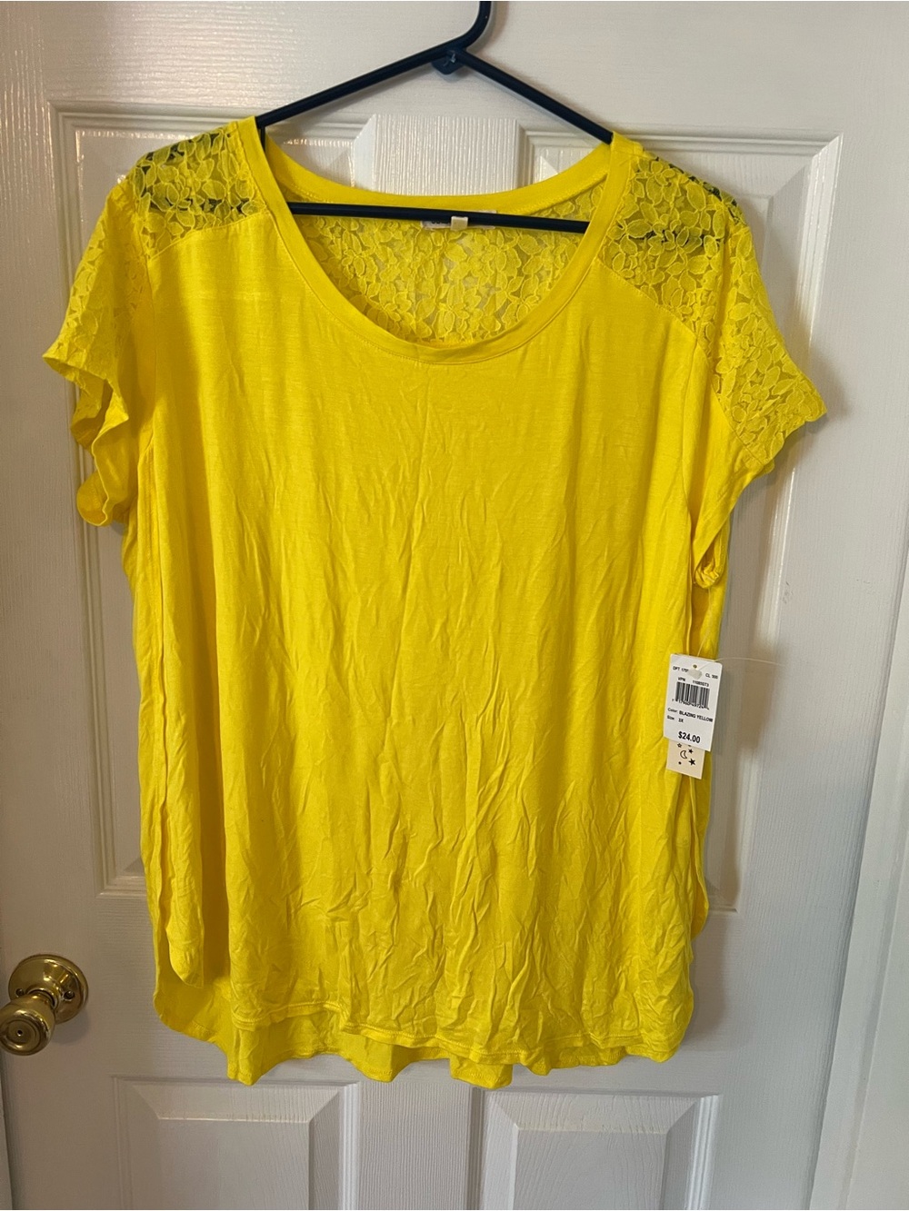 Wishful Park Blazing Yellow Lace-Shoulder Scoop Tee